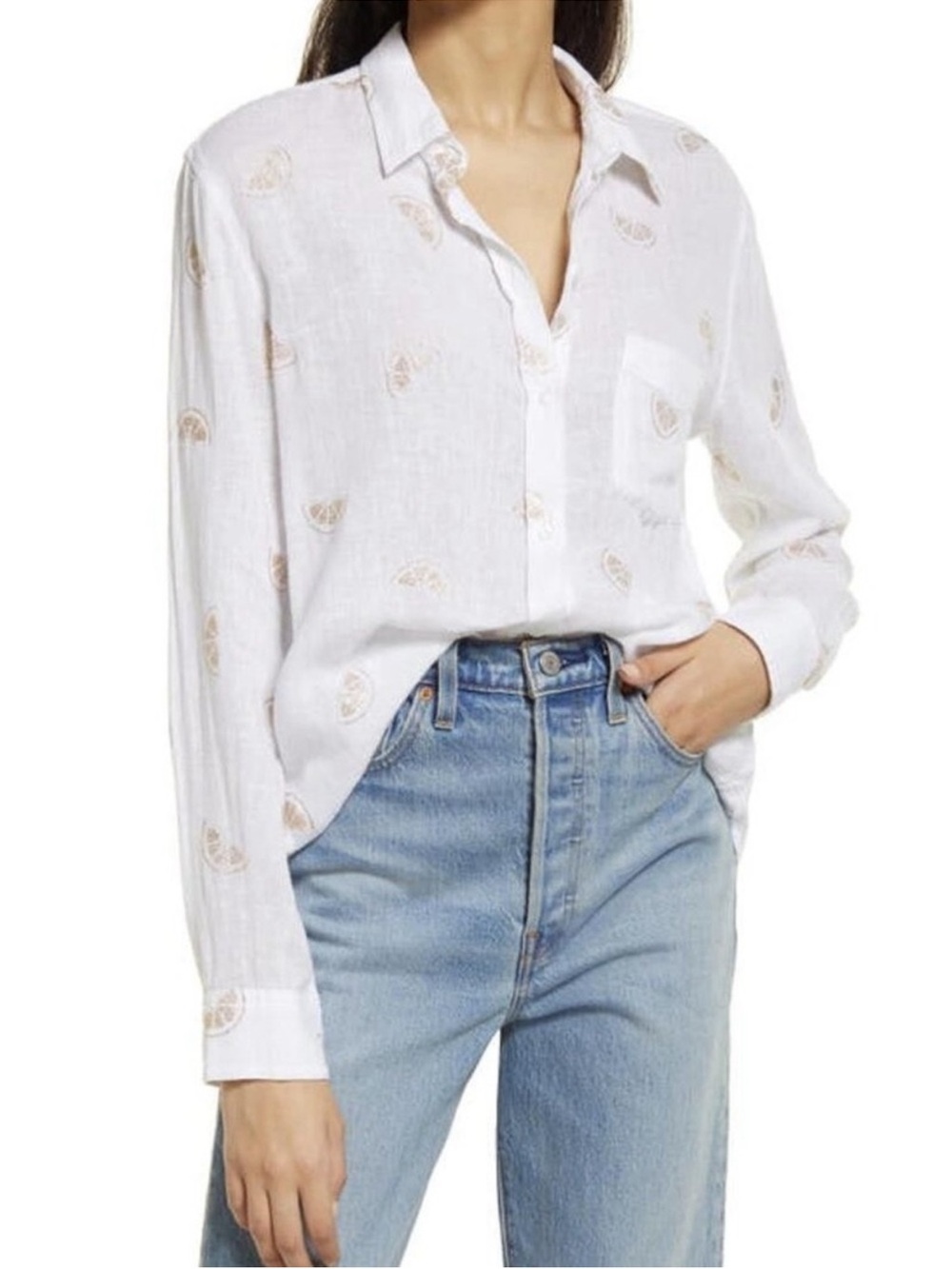 Rails White Linen Button-Up Shirt with Gold Oranges